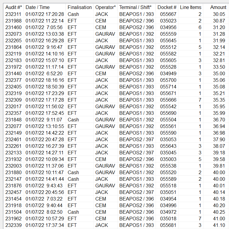 transaction list